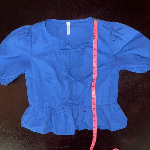 Stradivarius Blue Puffy Sleeve Open Front Three Bow Tie Peplum Blouse Women's XS - Picture 5 of 8